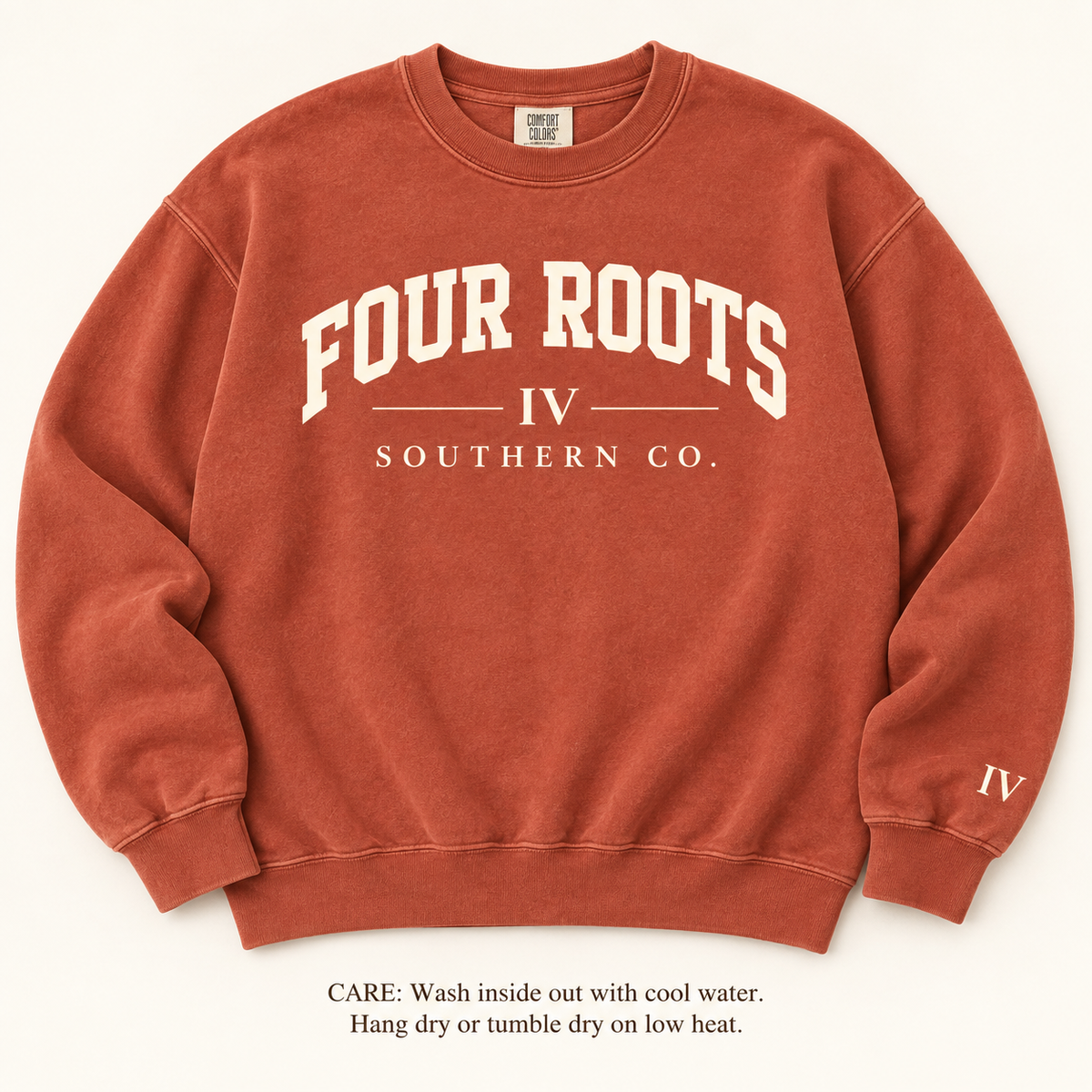 Four Roots Collegiate Crewneck — Clay & Cream