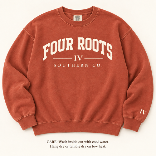 Four Roots Collegiate Crewneck — Clay & Cream