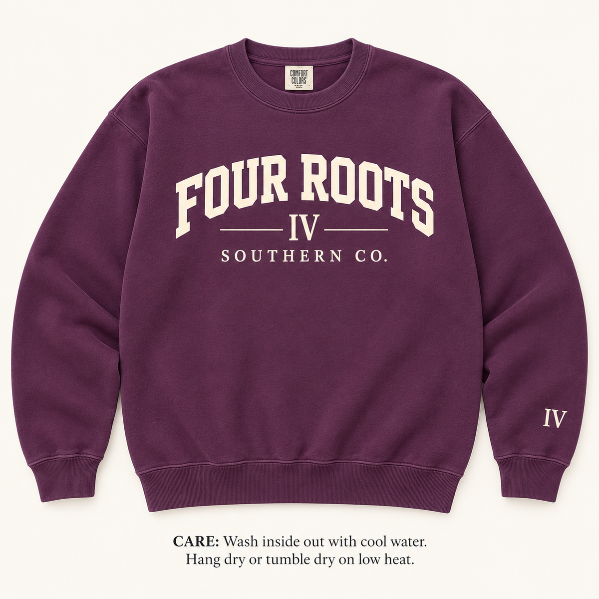 Four Roots Collegiate Crewneck — Plum & Cream