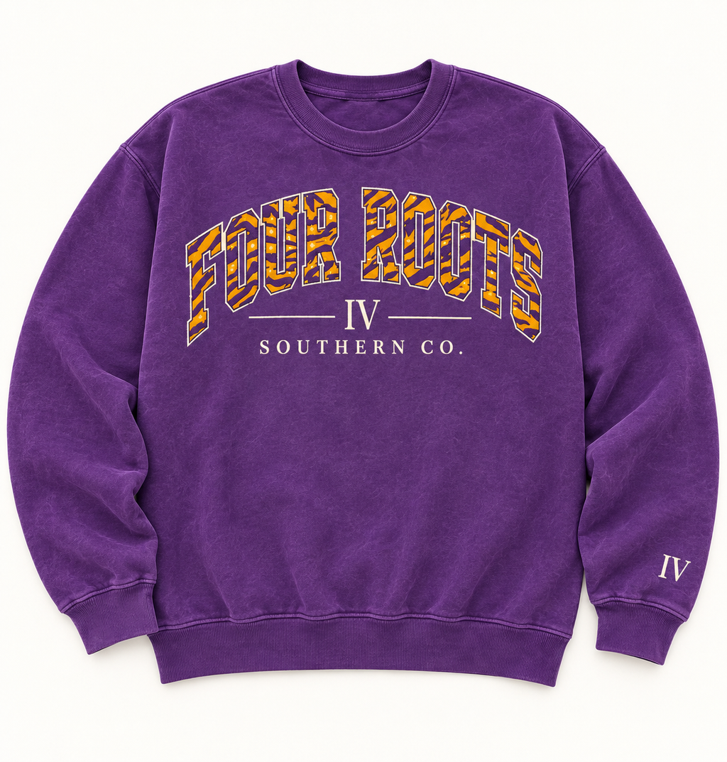Four Roots Tiger Stripe Crewneck — Purple & Gold