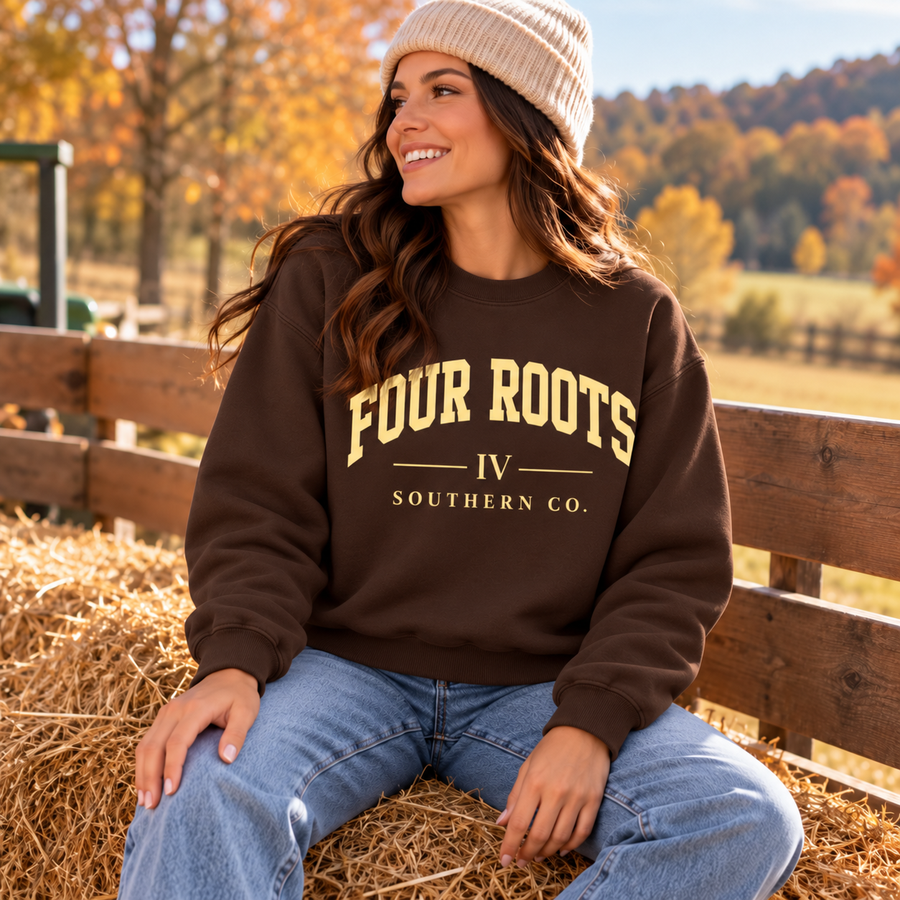 Four Roots Collegiate Crewneck — Brown & Butter Yellow