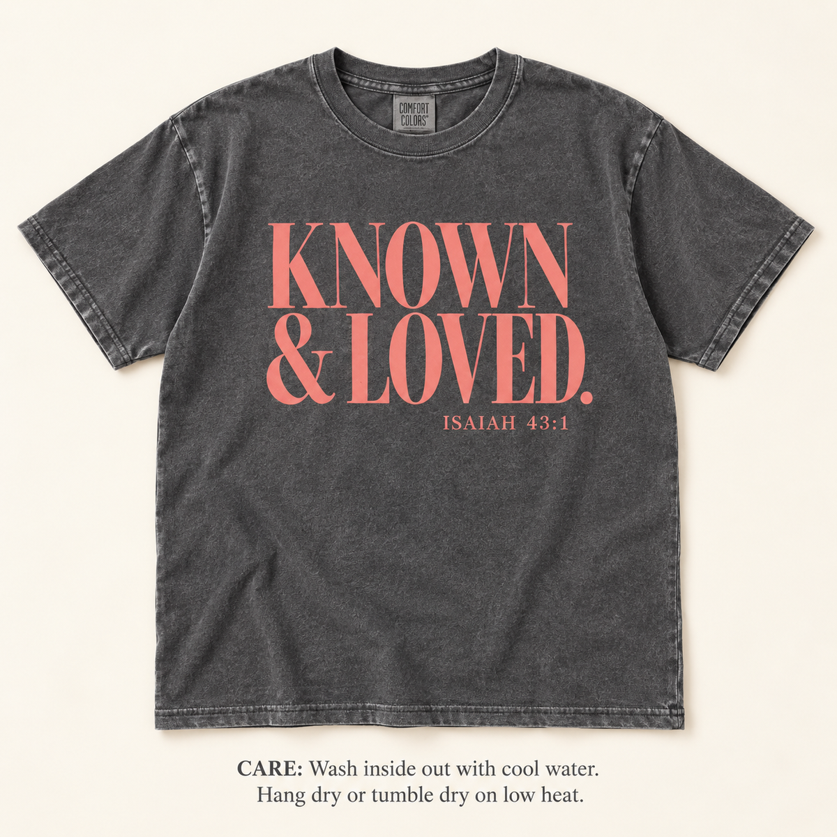 Known & Loved Comfort Colors Tee — Washed Charcoal & Coral