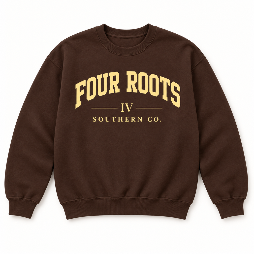 Four Roots Collegiate Crewneck — Brown & Butter Yellow